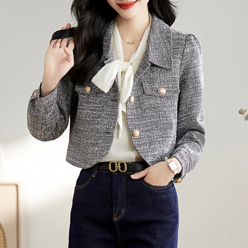 Early Autumn 2023 New Small Fragrant Short Coat Round Neck Long Sleeve Slim Fit and Slim Temperament Office Lady ComfortableTop