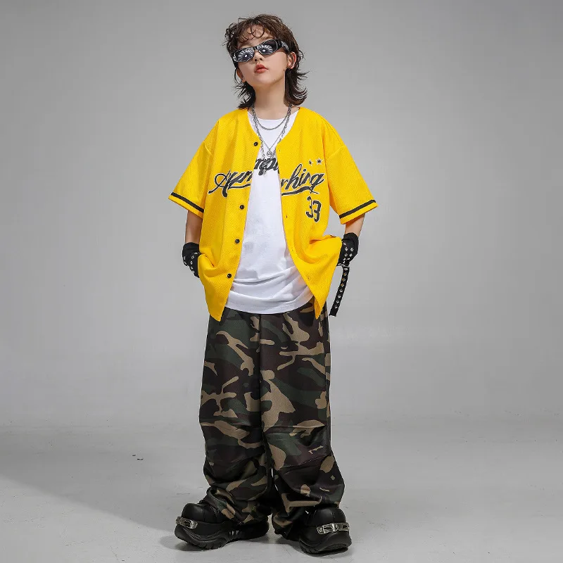 Jungen Street Dancewear Hip Hop Dance Wettbewerb Kostüme Gelbes Baseballshirt Camo Hosen Anzug Gruppe Jazz Kleidung Bühnenkleidung
