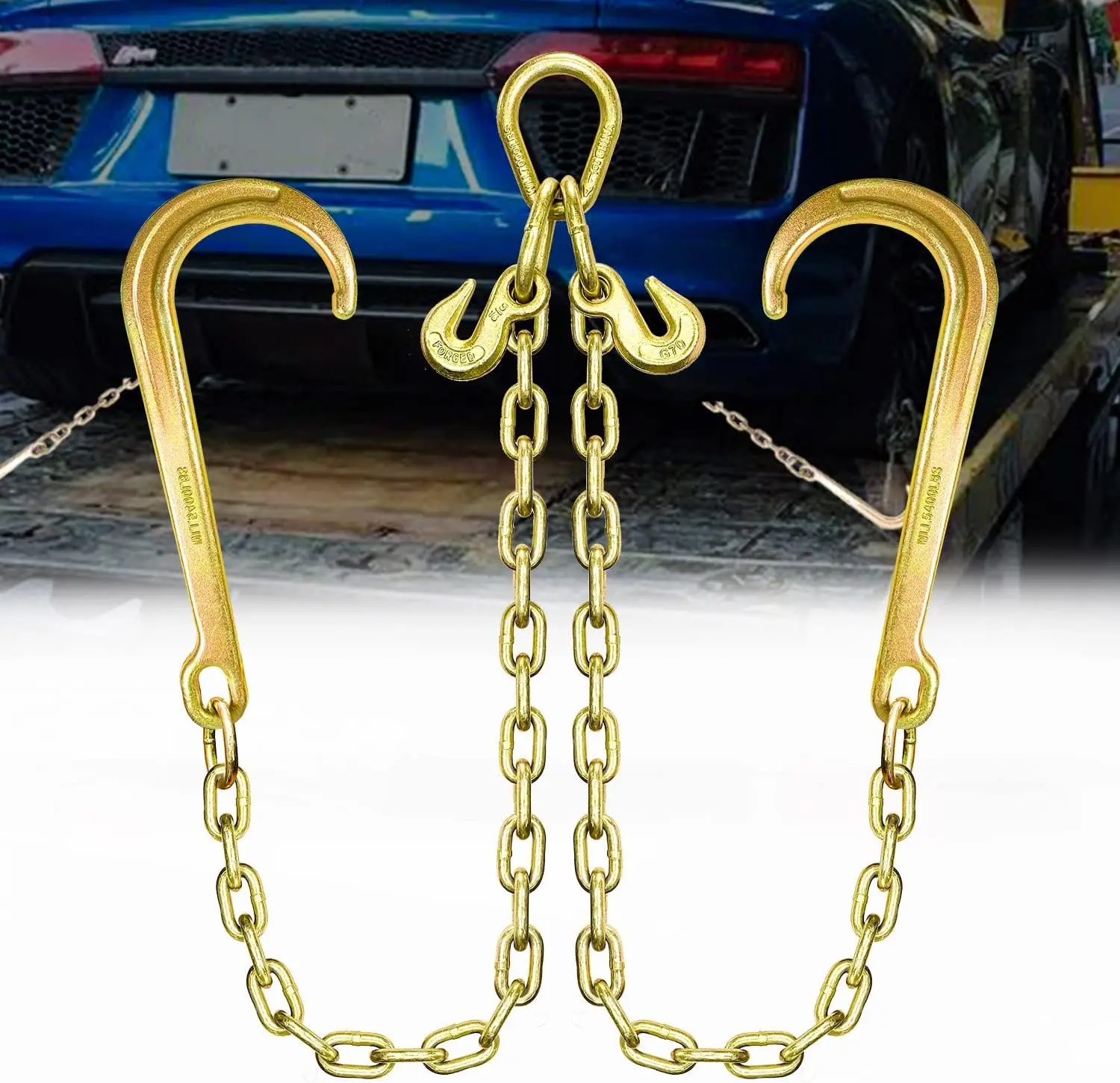 

5/16In x 2Ft Towing Chains Bridle with J Hooks and Grab Hooks, 5,400LBS Safe Working Load for Flatbed Trucks