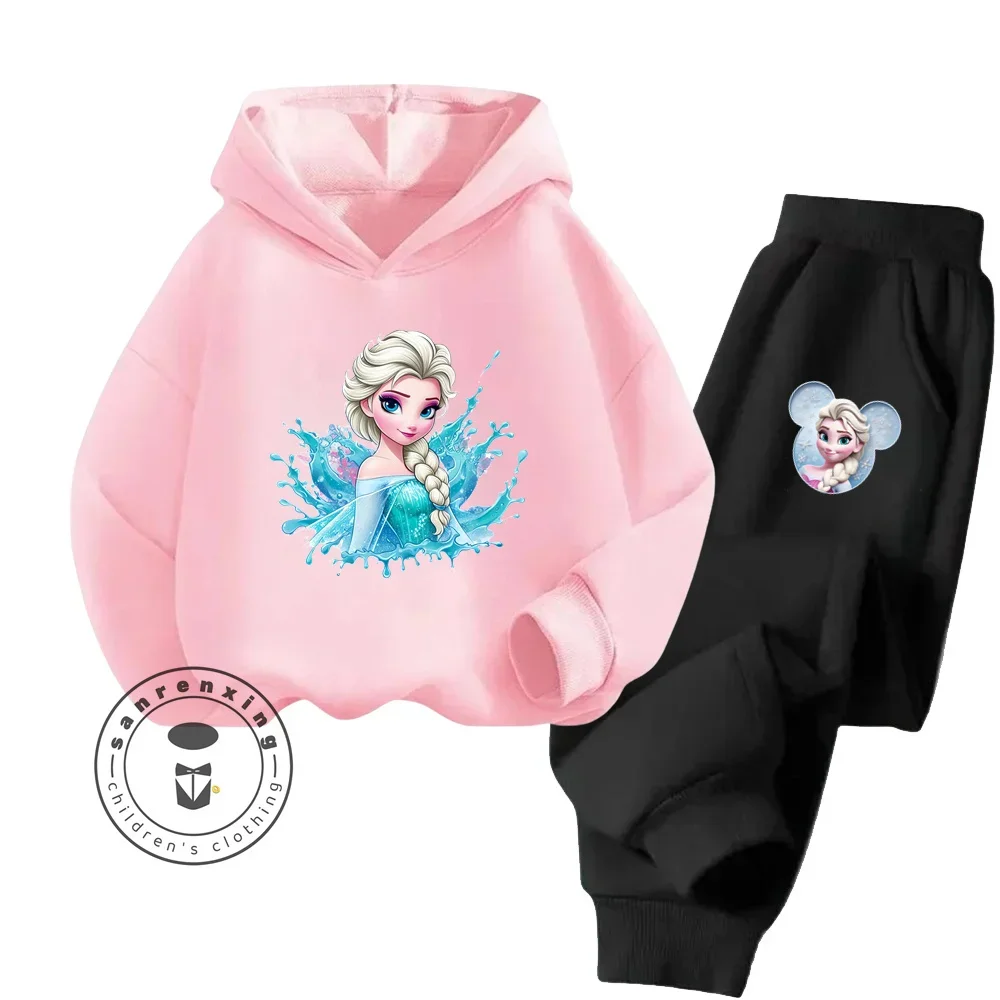 Disney Frozen Fashionable Long Sleeve Cartoon Sets for Kids Age 3-14 Spring Autumn Trendy Style Bright Hues Hoodie Tracksuit