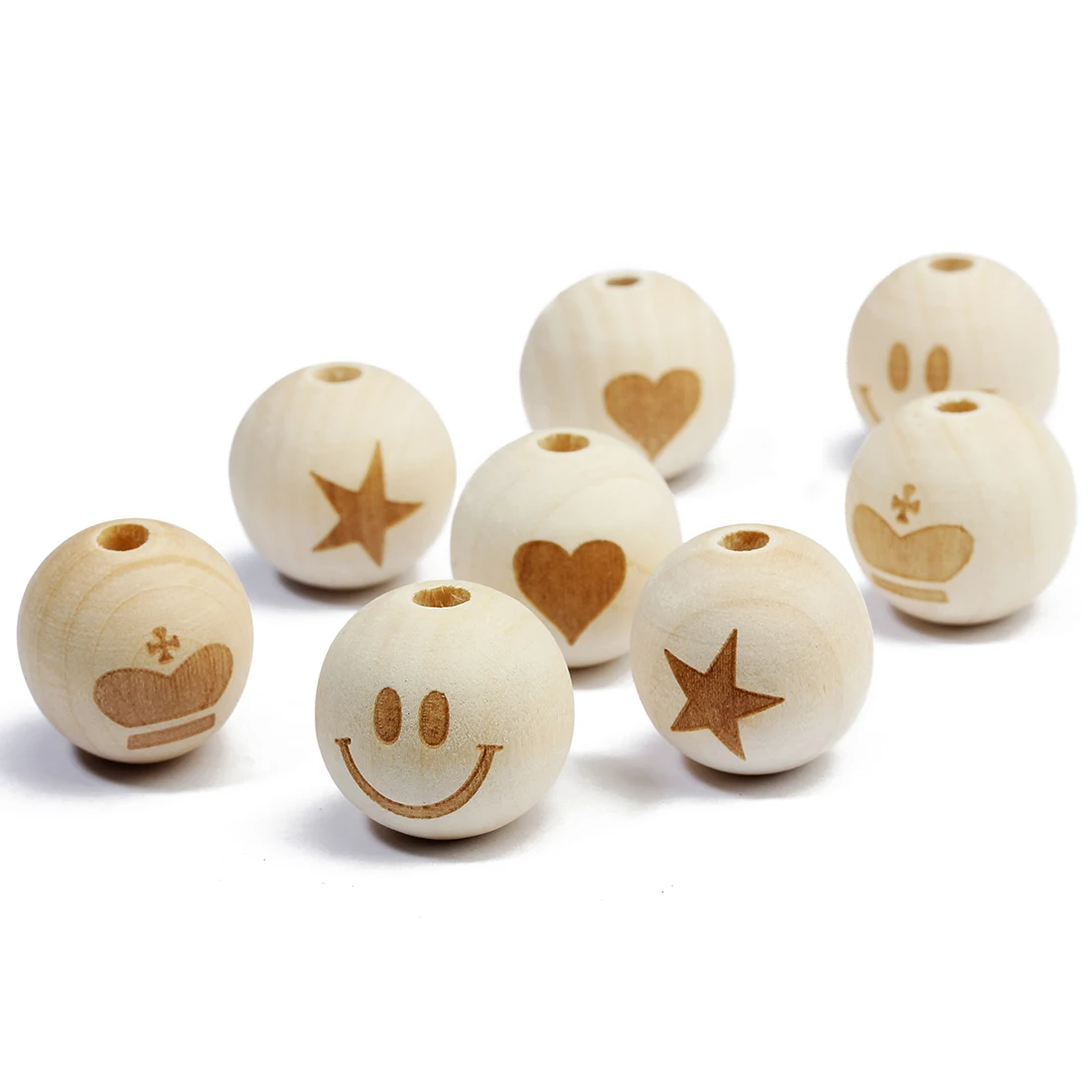 20pcs Natural Smile Face Heart Crown Ball Wood Beads Wooden Doll Loose Beads for DIY Craft Jewelry Bracelet Necklace Making