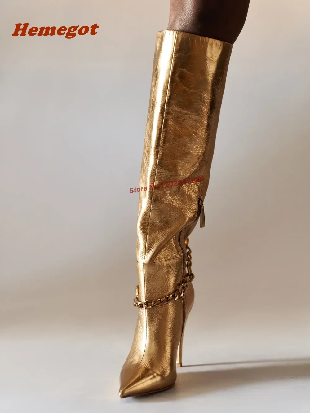 Gold Chain Glossed Leather Boots Pointy Toe High Heels Side Zipper Winter Knee Boots Female Solid Newest Fashion Shoes Sexy 2024