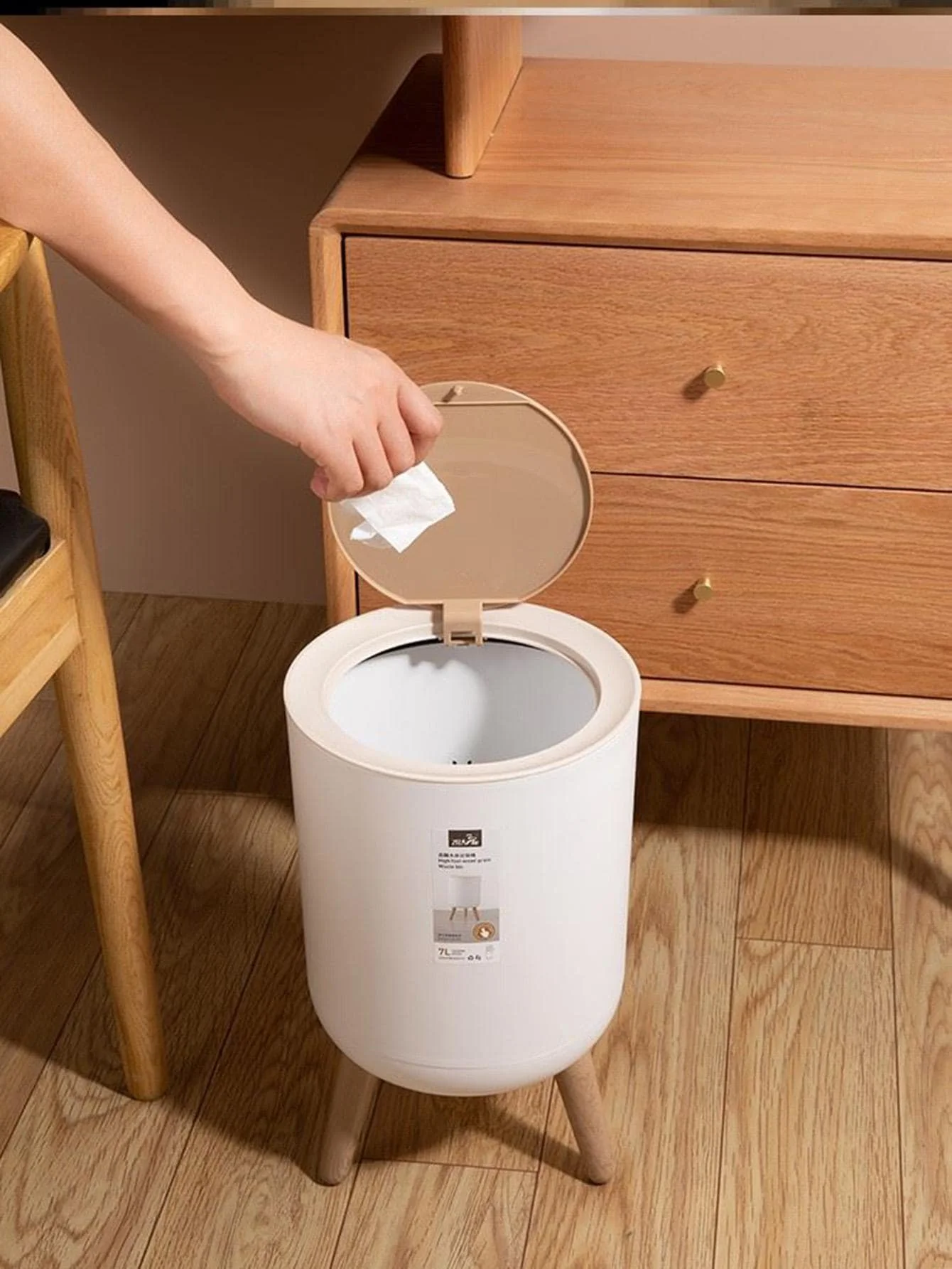 Press Trash Can with Lid Dustbin for Living Room Toilet Bathroom Kitchen Garbage Bucket High Foot Imitation Wood Rubbish Can