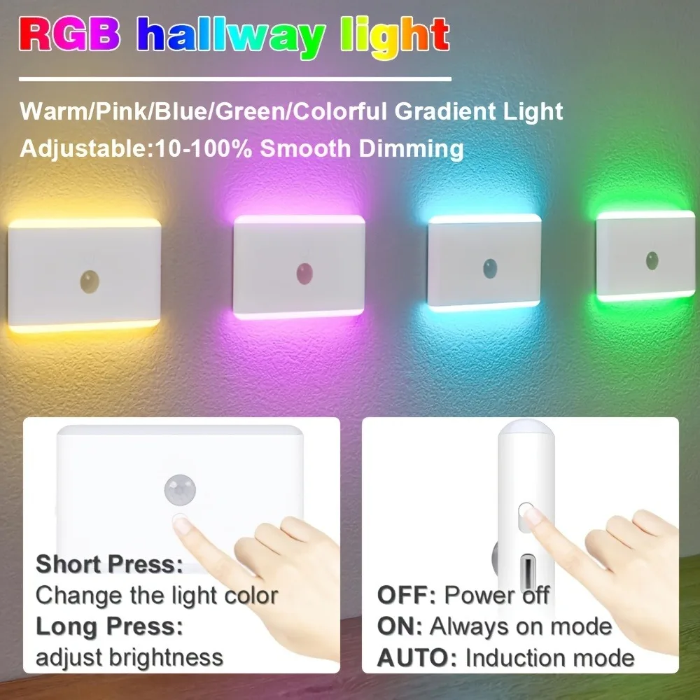 1/2pcs of RGB Rechargeable Dimming LED Rainbow Switching Light Color LED Human Body Sensing Bedroom Corridor Staircase Cabinet M