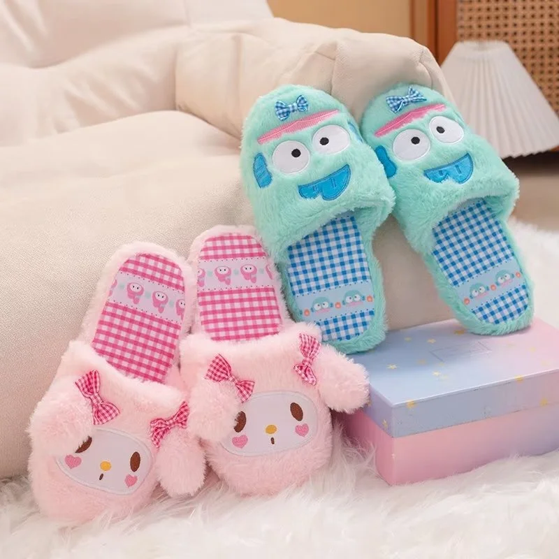 Sanrio Kulomi cute cartoon warm home women's shoes big-eared dog cartoon bow non-slip plush flat cotton slippers