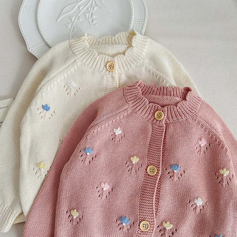 2025 New Autumn Newborn Baby Girls Sweater Coat 0-3T Long Sleeved Flower Embroidered Knitted Cardigan Toddler Kids Comfort Tops
