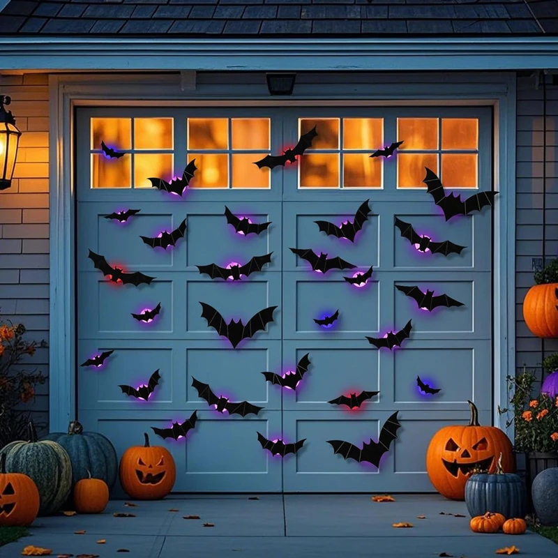 ديكور عنكبوت الخفافيش LED - ملصقات حائط ثلاثية الأبعاد تتوهج في الظلام مع أضواء خضراء لخيان حفلات الهالوين الداخلية/الخارجية