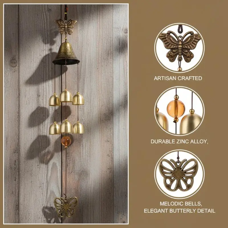 Total Length 65cm Vintage Butterfly Wind Chime 6 Bells Retro Metal Wind Bell For Garden Decor Outdoor Patio Ornament