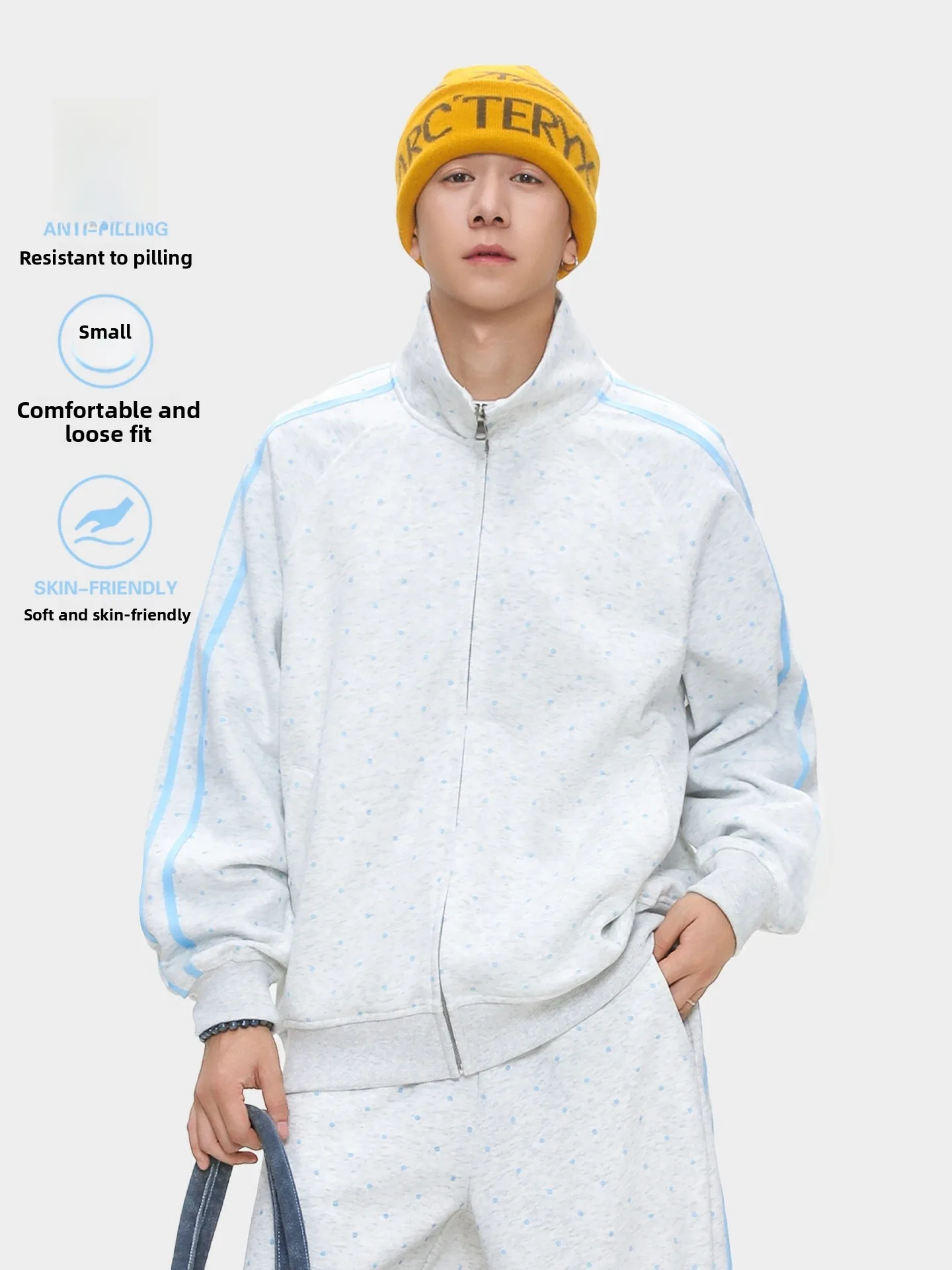 Japanese Polka Dot Stand Collar Sweatshirt Unisex Autumn Side Stripe Casual Sport Jacket Loose Couple Open Cardigan Coat