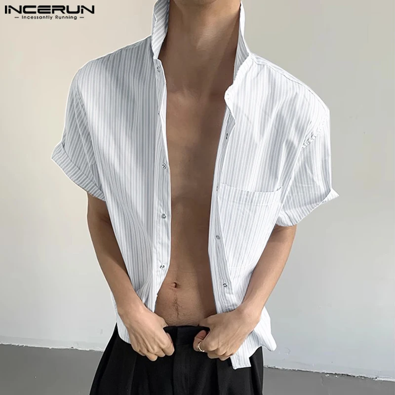 

2025 Men Striped Shirt Summer Lapel Short Sleeve Oversize Korean Style Men Clothing Streetwear Pockets Fashion Shirts INCERUN