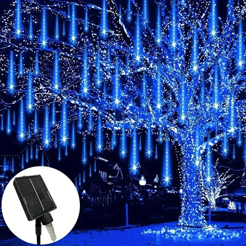 أضواء دش النيزك بالطاقة الشمسية 192LED، 30 سم 8-أنبوب سلسلة قطرة المطر المقاومة للماء للديكور الخيالي في الهواء الطلق