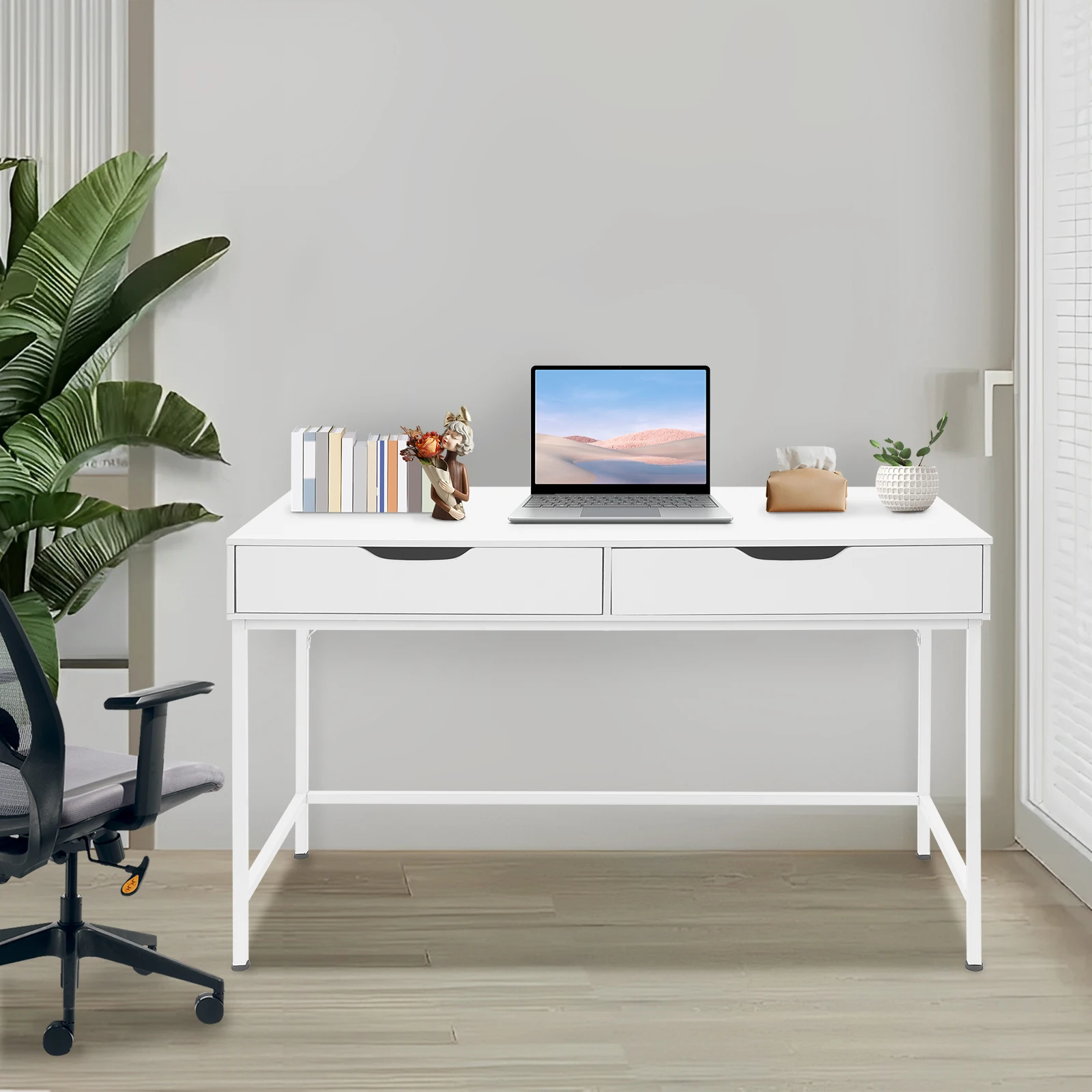 Modern Computer Desk with 2 Drawers Study Writing Office Desk Metal Frame White Rectangular