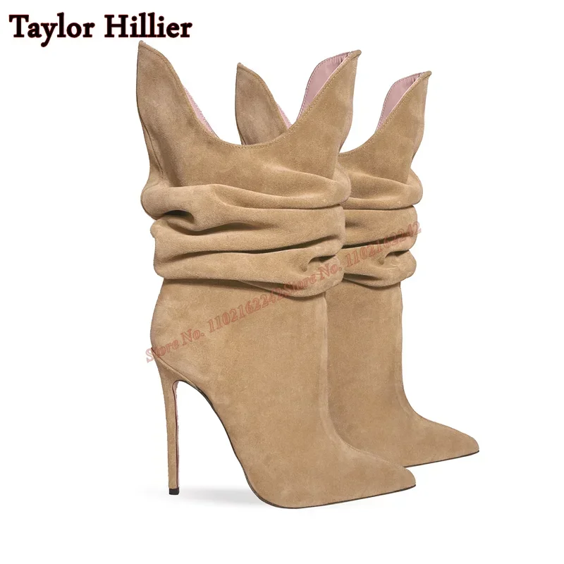 Suede Pleated V-Neck Short Boots Pointed Toe Stiletto Slip-On Autumn Fashion Boots Fashionable Casual Rose Red Short Boots  47