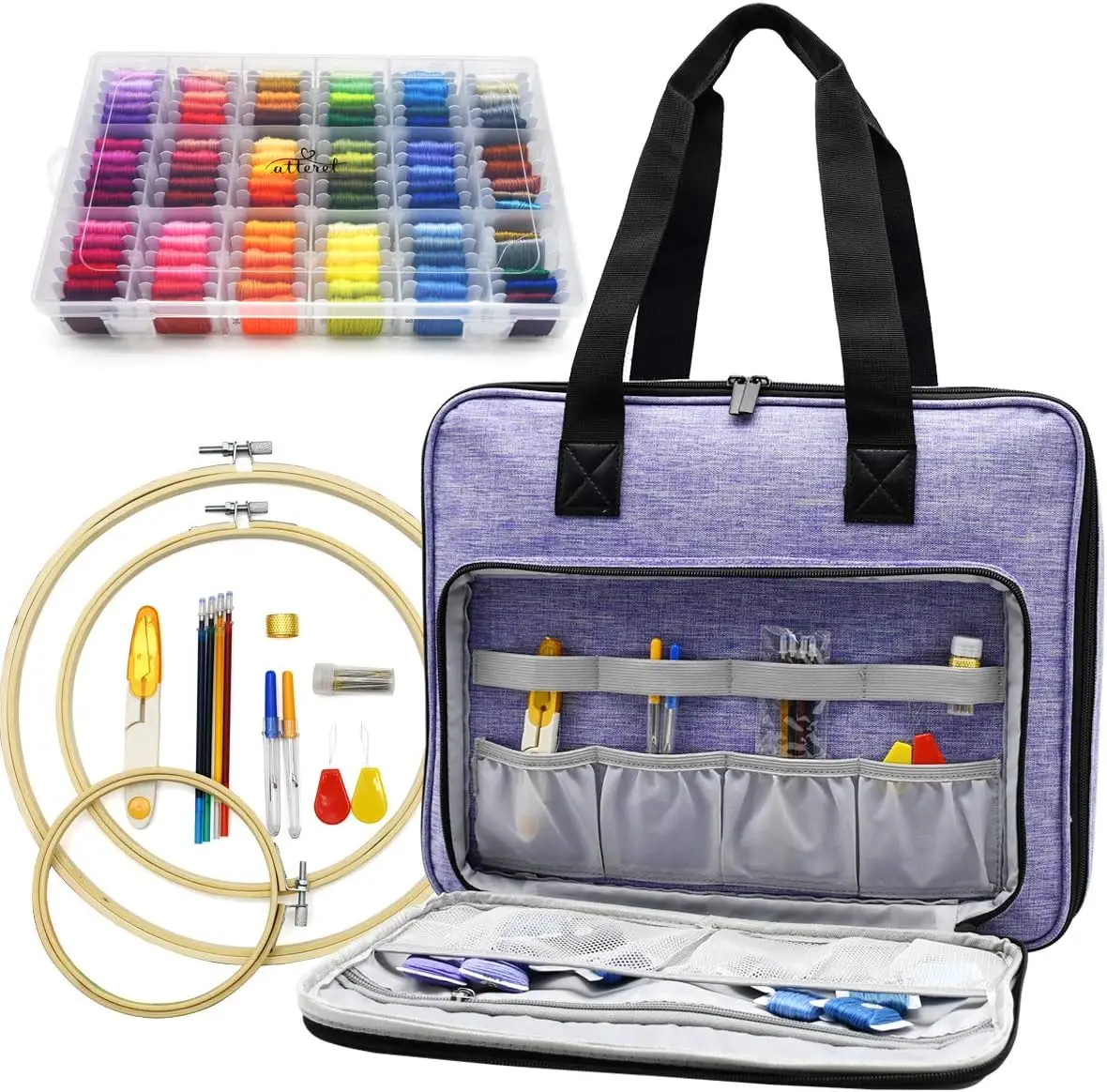 

Complete Embroidery & Cross Stitch Starter Kit with 99 DMC Threads, Hoops, Tools in Purple Storage Bag