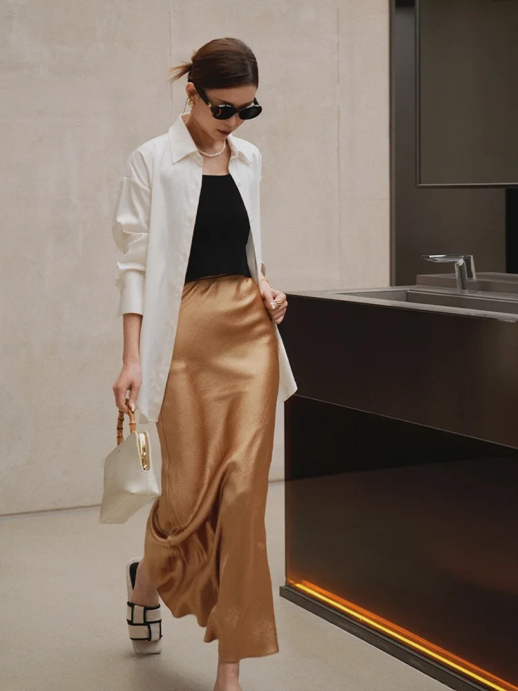 QCEO Women's Satin Long Sleeve Shirt Loose Fit Commute Style Anti-Wrinkle Non-Stretch Chinese Production Spring Autumn Wear
