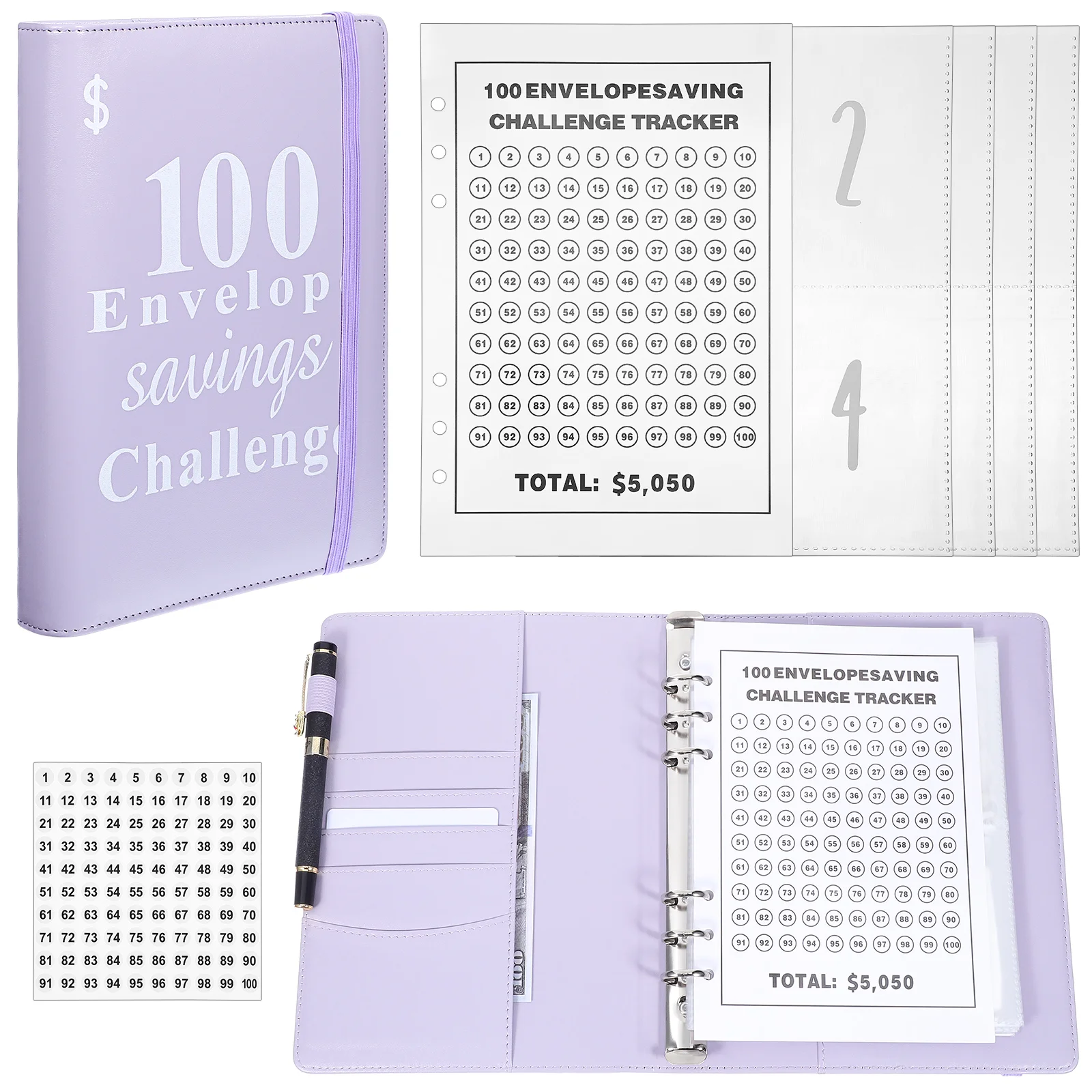 Carpeta de ahorro de dinero y presupuesto con sobres, libro de ahorro 100, Challenge Bill Tracker Notebook