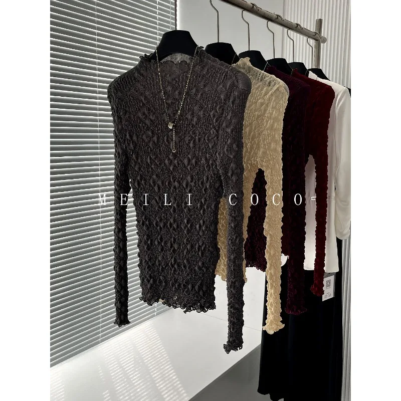 Miyake Pleated T-Shirt 2026 Designer-inspired Niche Pleats Tee Spring New Slim-fit Ruffled Hem Lightweight Layering Top Blouse