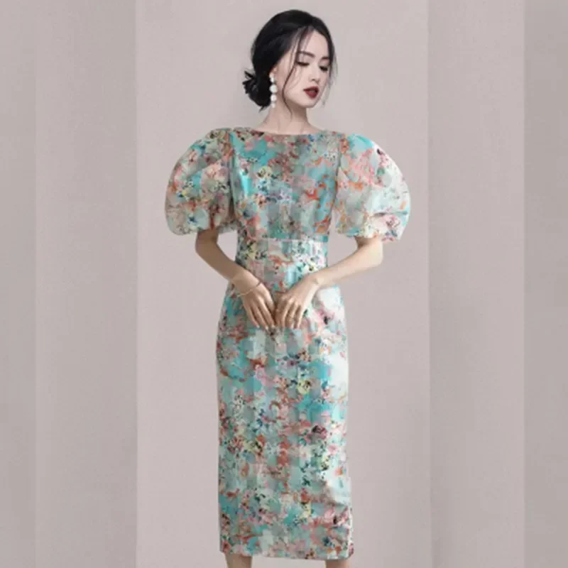 Women O-Neck Puff Sleeve Simple Sheath Pencil Bodycon Dresses 2025 Summer Korean Version Fashionable Watercolor Printing Dress