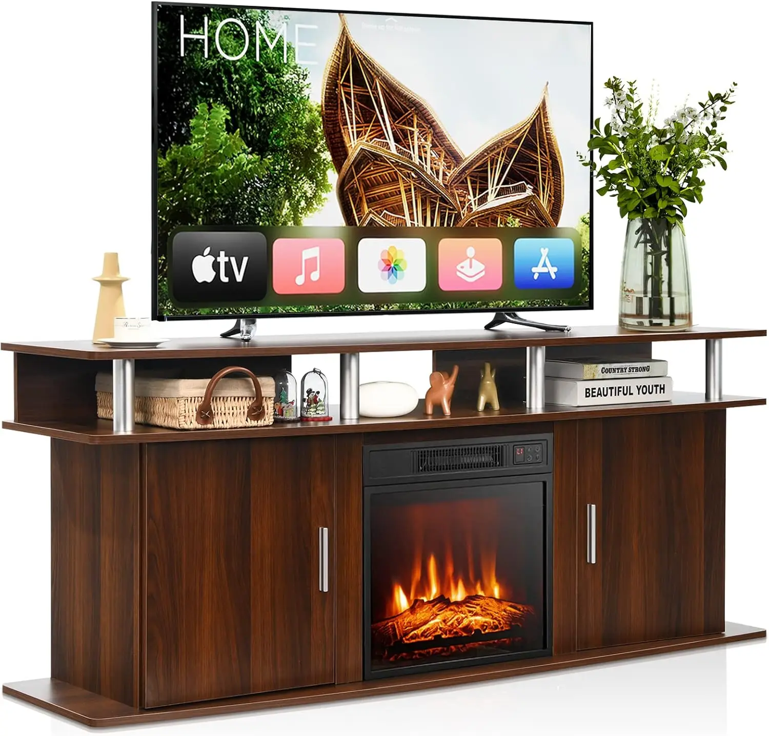 Fireplace TV Stand for TVs Up To 70 Inches with 18 Inches Electric Fireplace with Built-in Thermostat 6H Timer Cherry