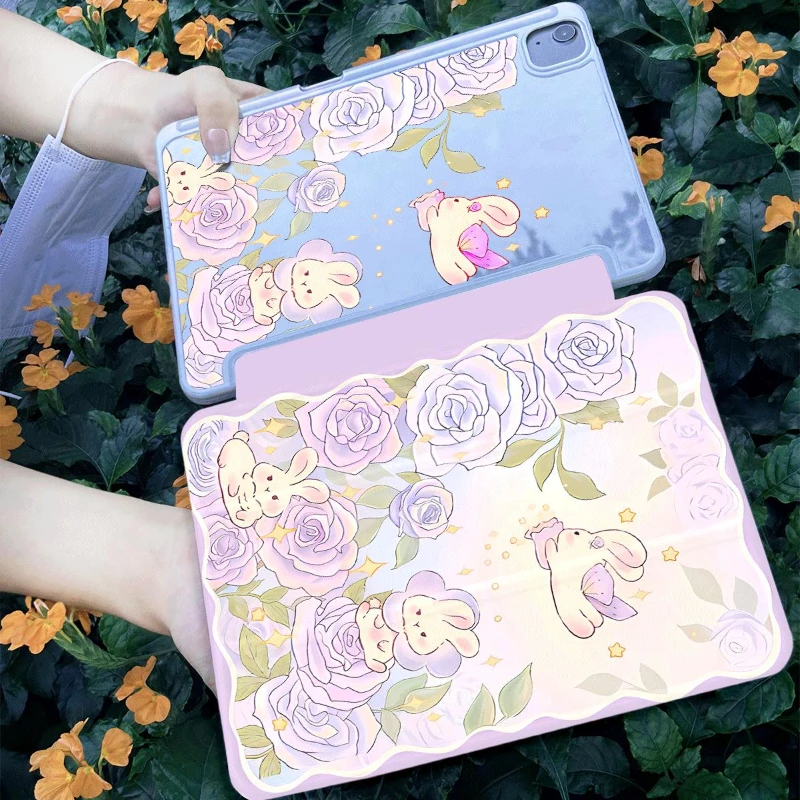 PU Acrylic Cover for Ipad Mini6 8.3 9.7 5th 6th Gen Ipad Air 3 Generation 2019 IPad Air 5 Air 4 10.9 Exquisite Purple Rose Bunny