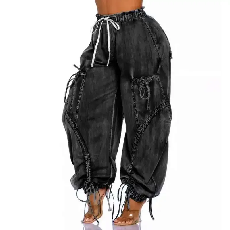 

Women's High Elastic Waist Jeans Drawstring Bandage Design Autumn Fashion Loose Straight Wide Leg Denim Pants