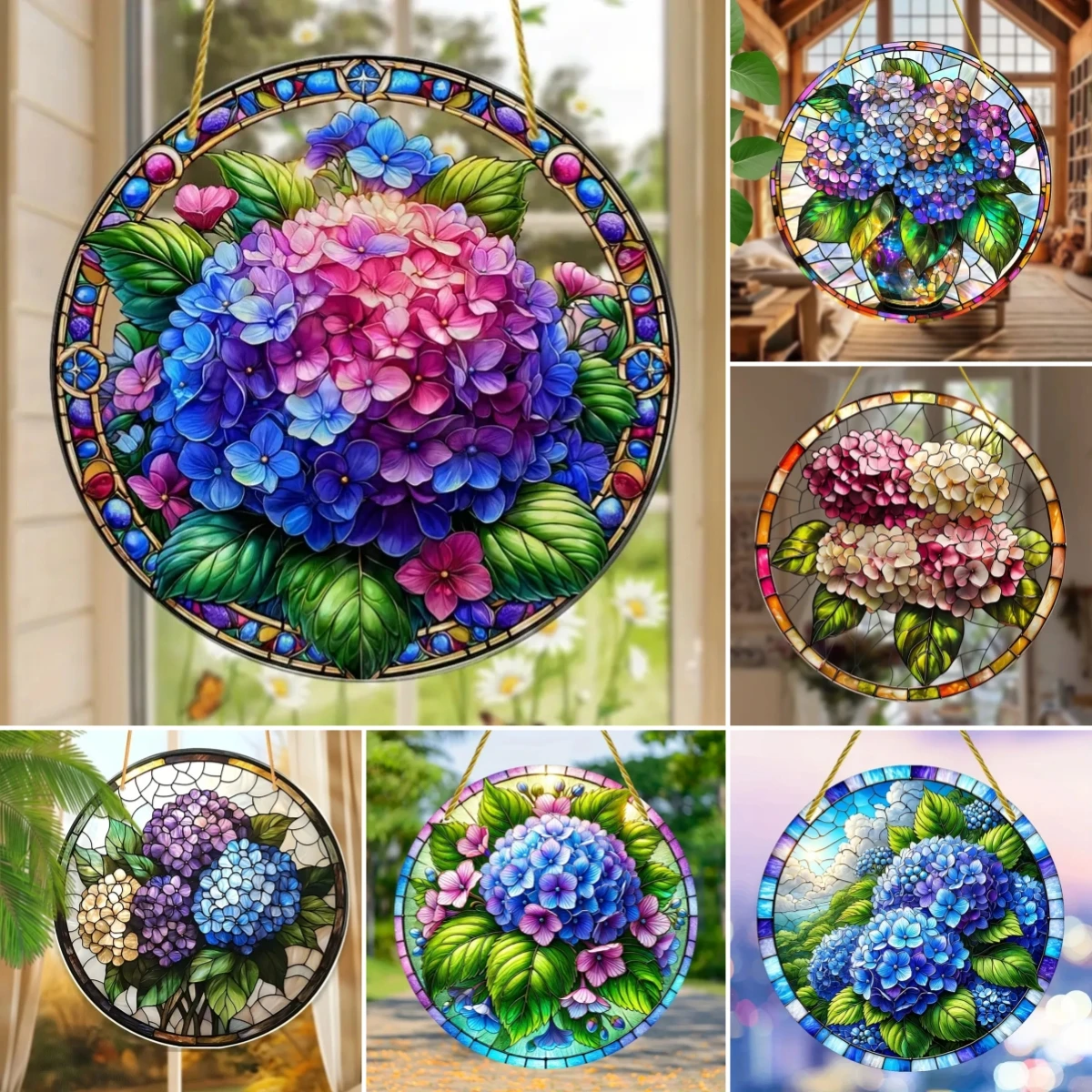 Hydrangea Sun Catcher-Plants Flowers Round Acrylic Stained Translucent Window Hanging Sign,Home,Porch,room,bedroom,Garden Decor