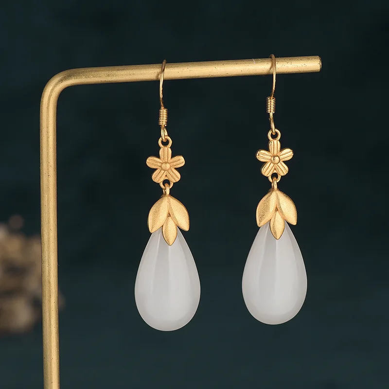 Trendy Luxury Golden Flower Stud Earrings For Women Fashion Fall Winter Jewelry Accessories Traditional Imitation Jade Earrings