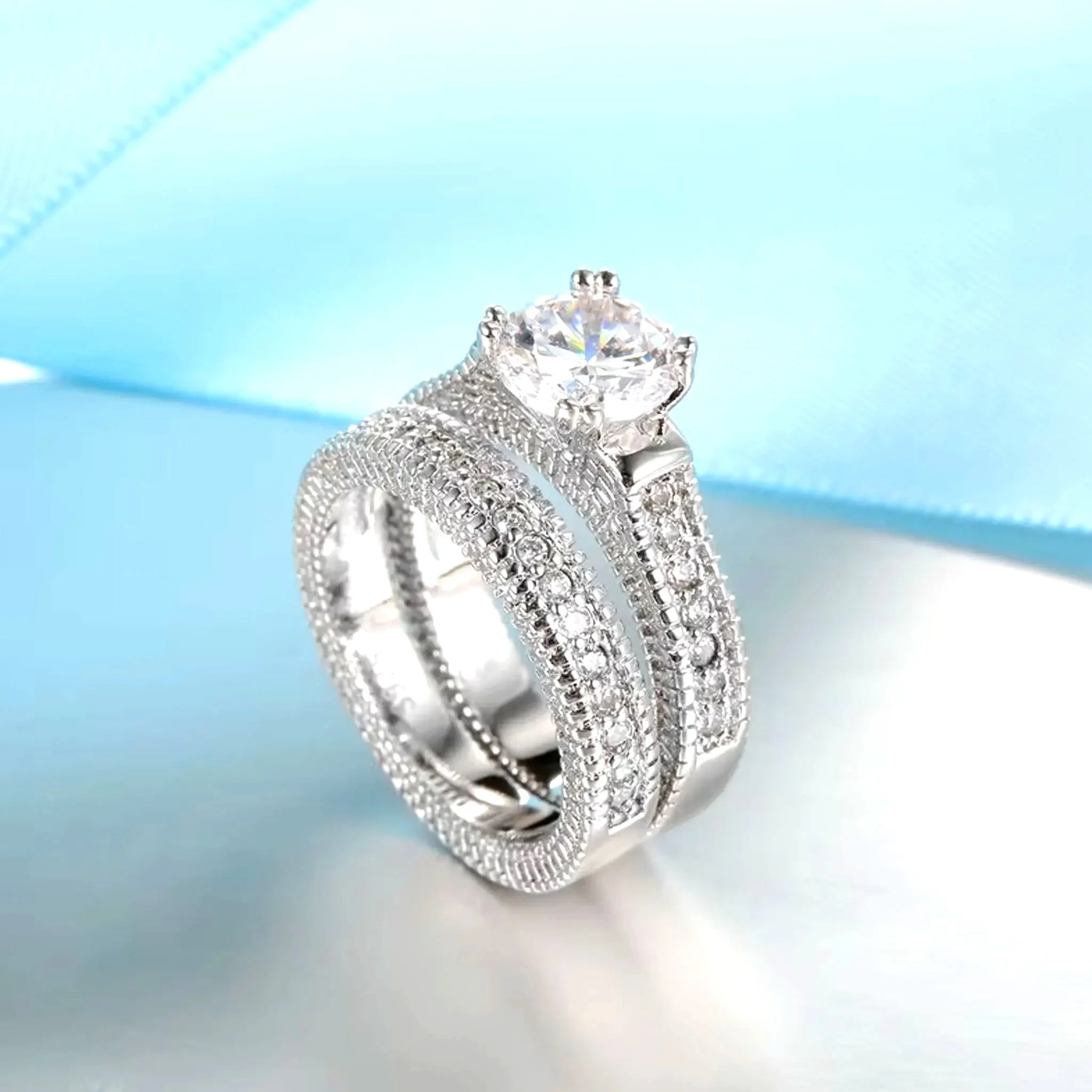 

LYEE CYEE Elegant Wedding Engagement Couple Rings Set 925 Sterling Silver Color Anniversary Accessory With Full Shiny Cubiz Zircon Stone