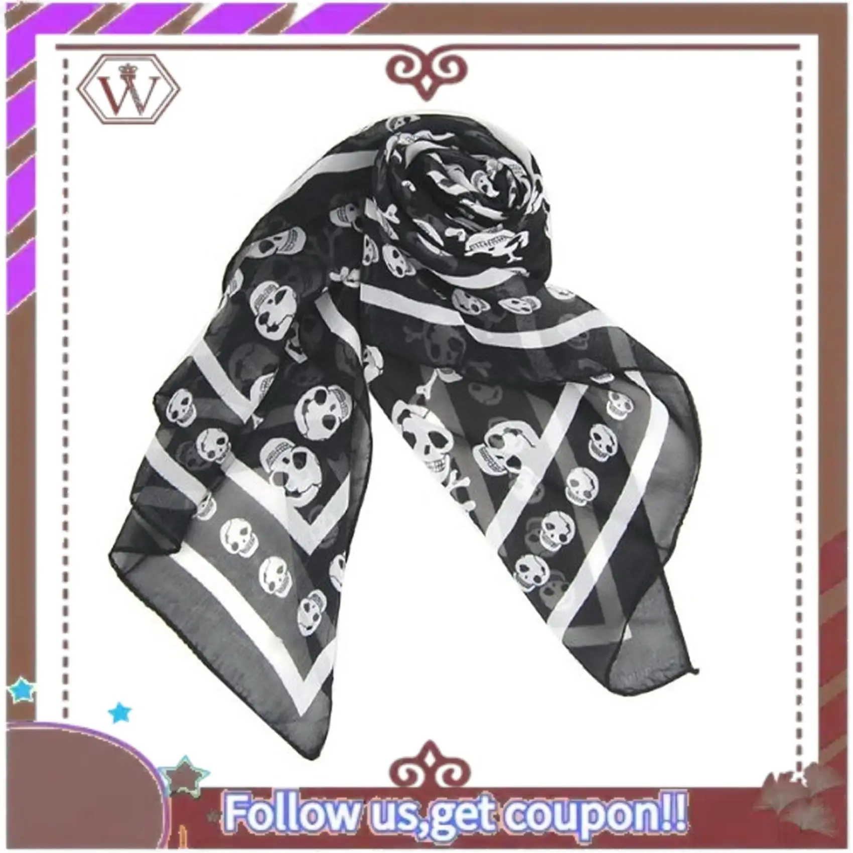 (ใหม่)-2X สีดําชีฟองผ้าไหม Skull พิมพ์แฟชั่นผ้าพันคอยาว Shawl Scaf สําหรับผู้หญิง + พวงกุญแจ