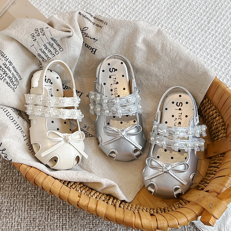 Girls Sandals Simple Bows Kids Princess Beach Shoes Hollowed-out 2026 Summer New Children Casual Shoes Korean Style Sweet