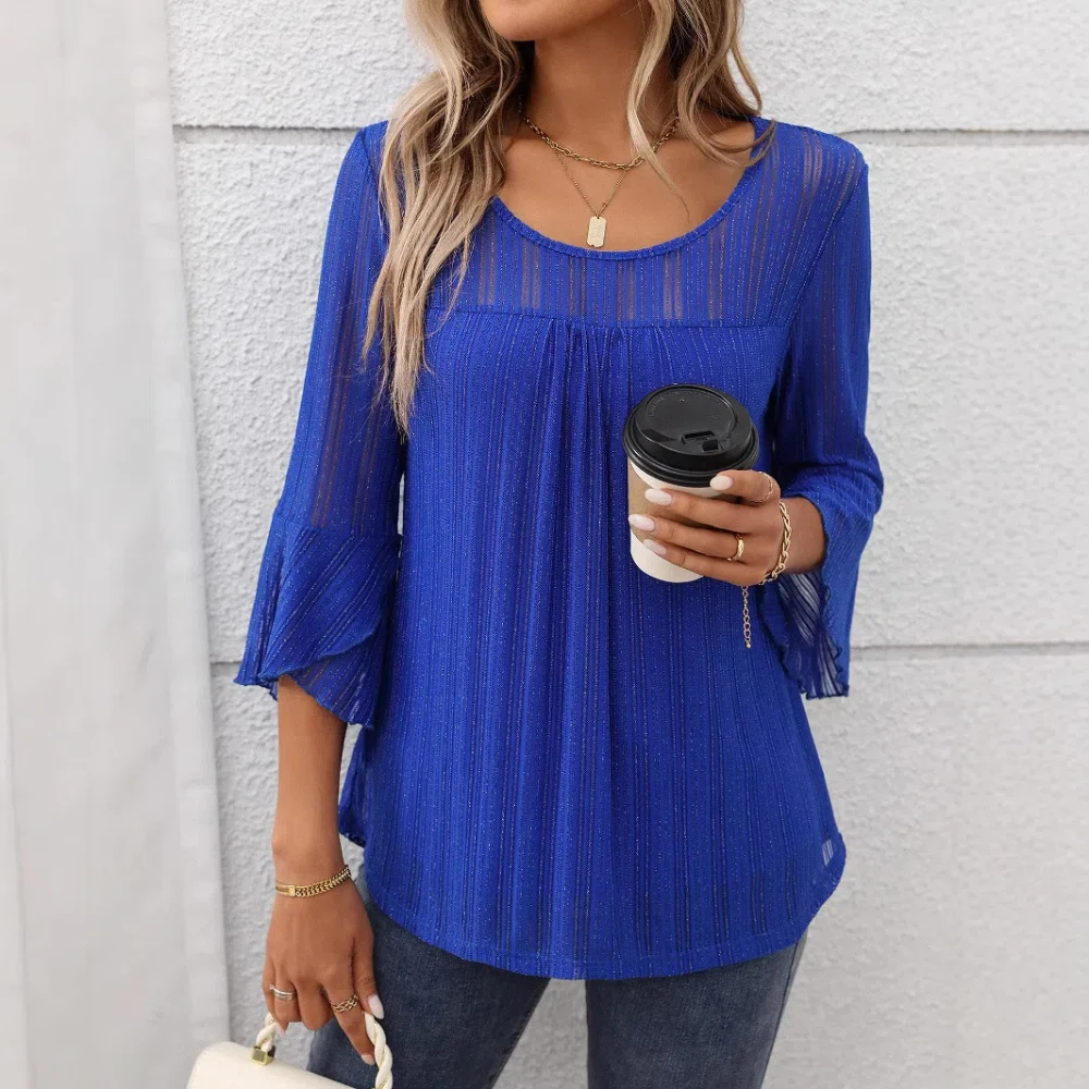 

2025 New Spring Summer Fashion Mesh Tulle Blouse Women Fashion Butterfly Sleeve Slim Shirts Ladies Casual O-neck Blouses
