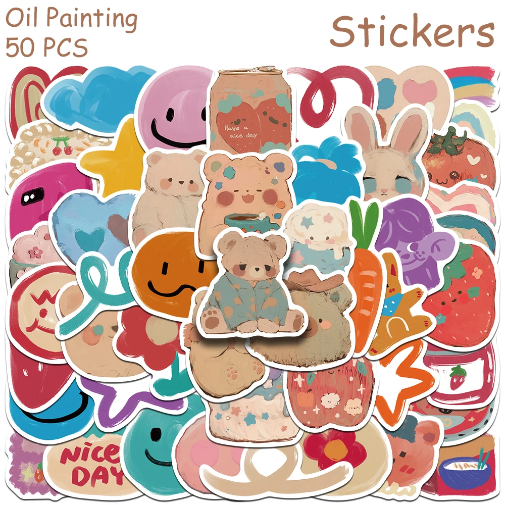 50pcs Cute Oil Painting  Stickers Decals For Phone Notebook Skateboard Helmet DIY Cartoon Aesthetic Stickers Creative Gifts