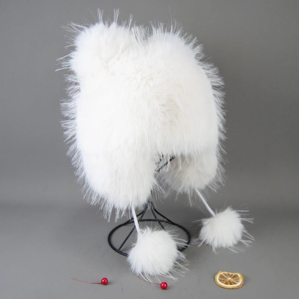 Fluffy Soviet Hat False Raccoon Fur Hats for Woman Winter Octopus Bomber Earflap Knitted Ball Fashionable Flap Cap Mongolian Hat