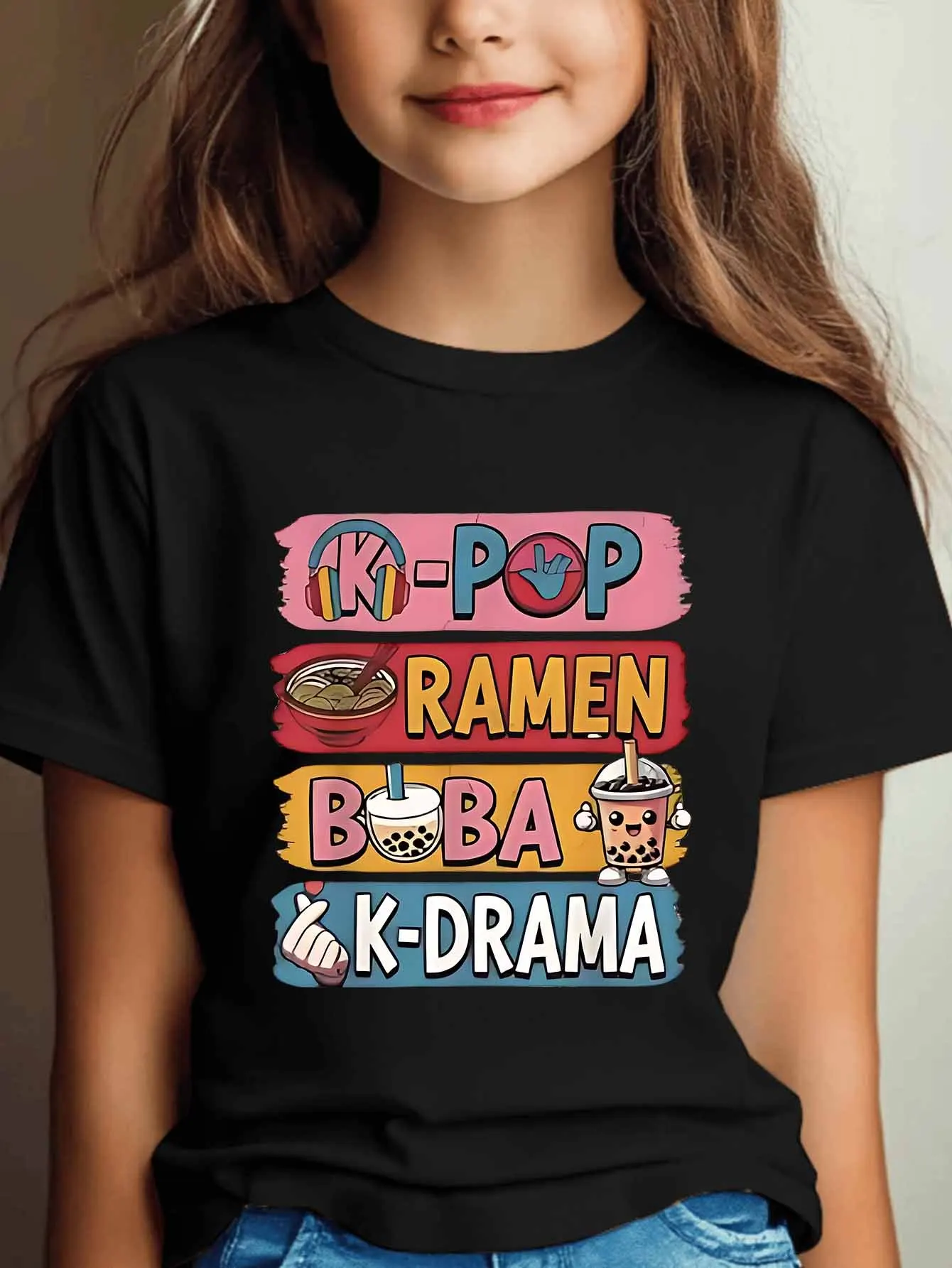 Kpop Boba Letter Print Kids Cotton T Shirt Boys Girls Parent Child Matching Short Sleeve Casual Breathable Family Fashion Tees