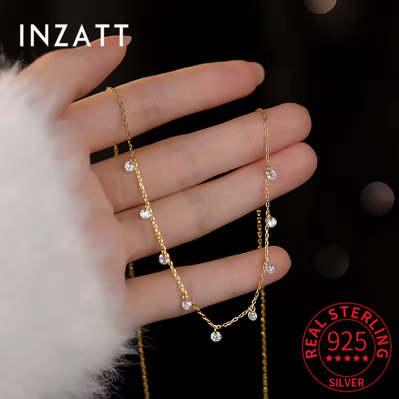 INZATT Real 925 Sterling Silver Zircon Water Drop Choker Necklace for Women Party Classic Fine Jewelry Minimalist Anniversary