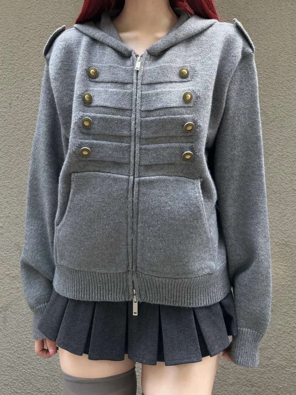 New autumn and winter vintage Napoleon court style double row button shoulder patch hooded sweater jacket, street niche trend