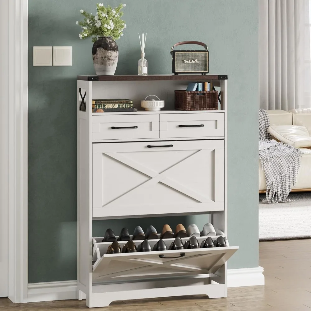 

Farmhouse shoe cabinet with 2 flip drawers and 2 drawers, shoe storage cabinet with door and shelf, entrance shoe cabinet