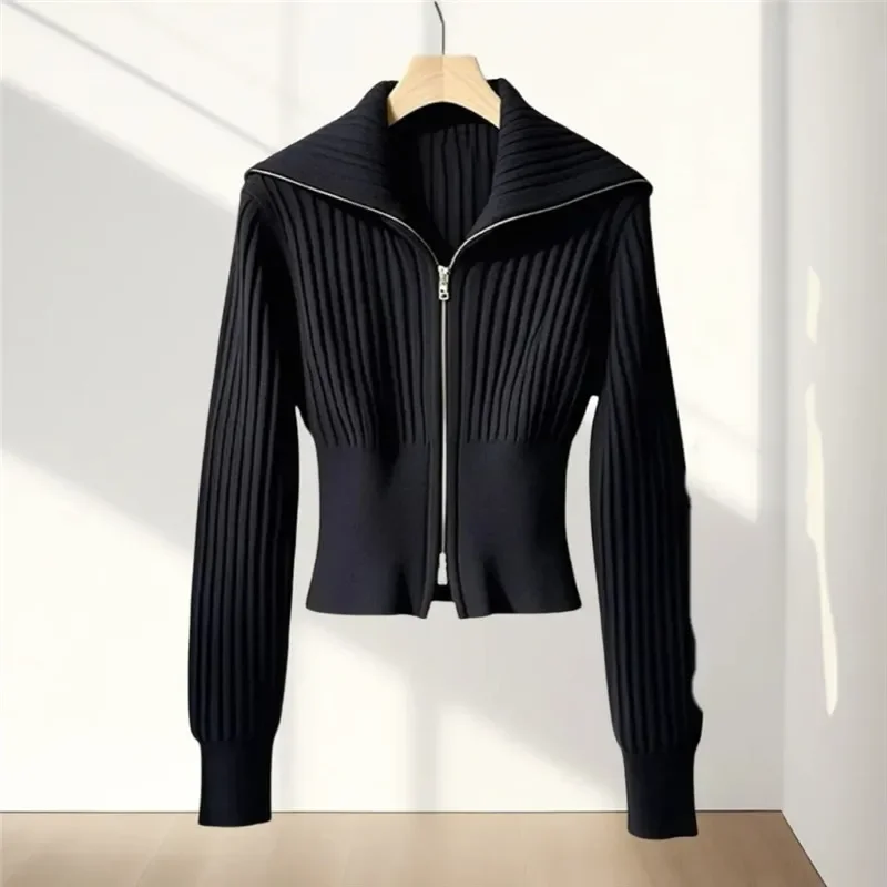 

Fashion Zipper Knitted Cardigan Sweater Women Tops Autumn Winter New High-End Long Sleeve Slim Knitwear Jacket Female JJ180