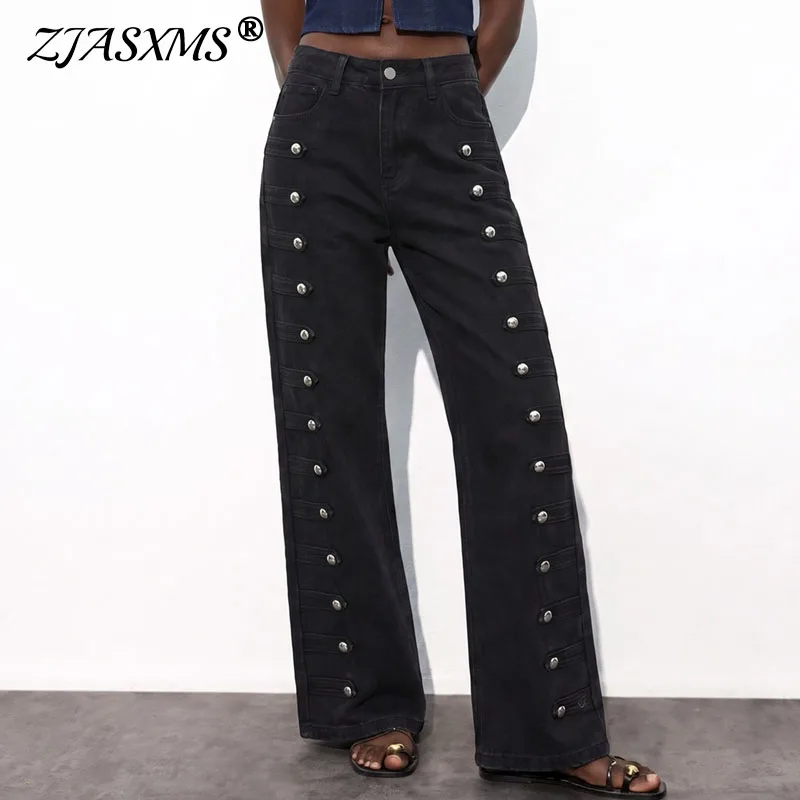 Side Strap Metal Button Decor Jeans Women High Waist Wide Leg Loose Straight Leg Light Washed Denim Pants Trendy Casual Trousers