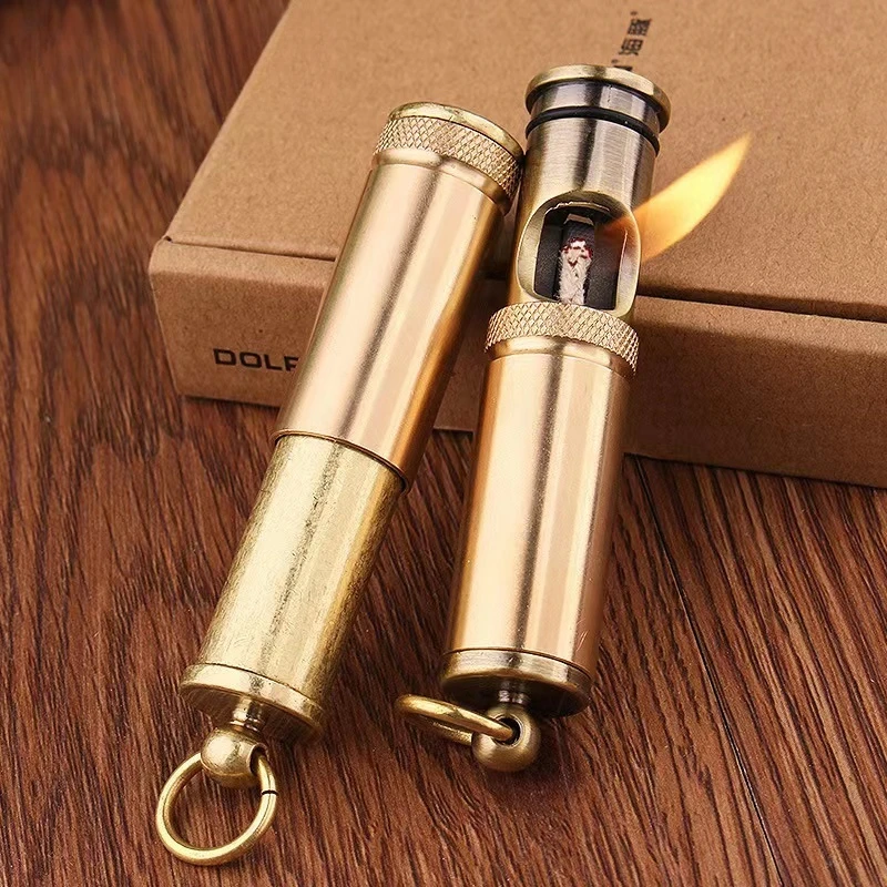 Creative Pure Copper Push Pull Retro Kerosene Lighter Outdoor Waterproof Portable Side Sliding Igniter Smoking Accessories Gifts