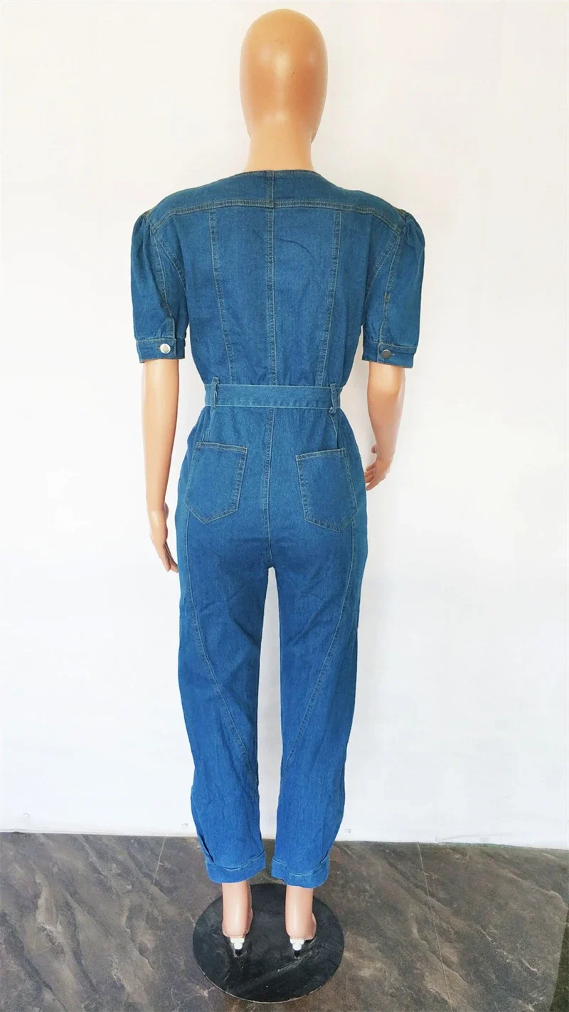 INS Fashion Denim Jumpsuits for Women Summer Clothes Short Sleeve Sashes Long Rompers Playsuits Jeans One Piece Overalls Outfits