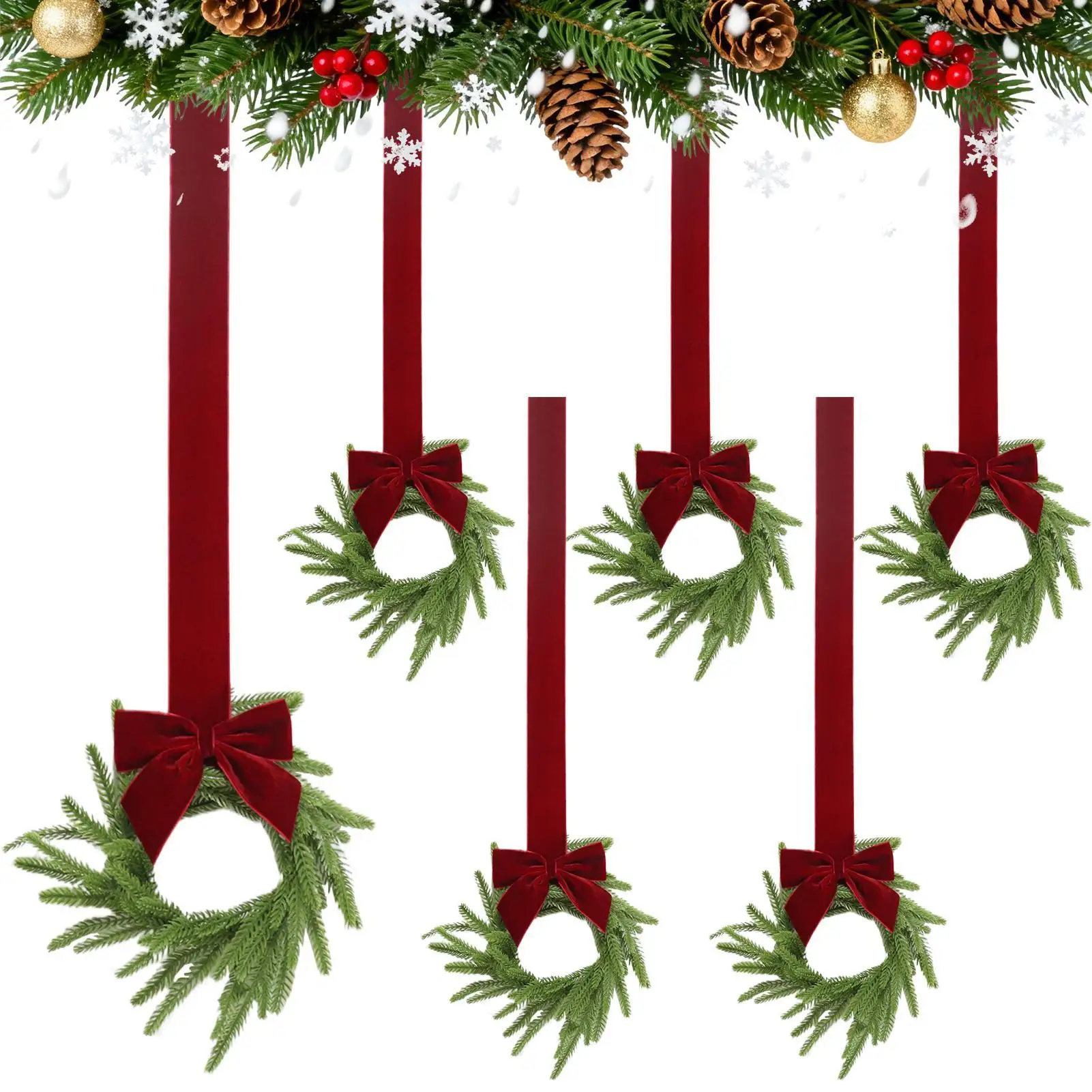 

Рождественский венок, 6 предметов, реалистичные искусственные венки для шкафа с бархатной лентой для дверей, стены, лестницы, перила, каминной камин для гостиной