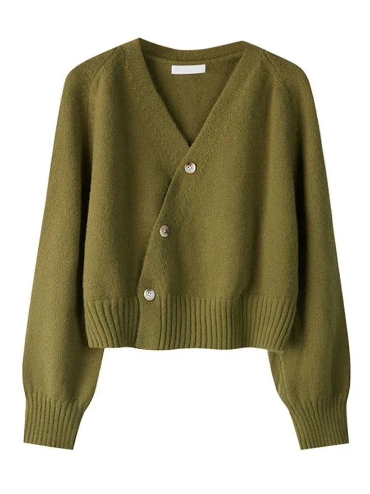 

Women Knitted Long Sleeve Tops Autumn Winter Skew Button Cardigan V-neck Sweater Korean Loose Solid Cashmere Sweater for Woman