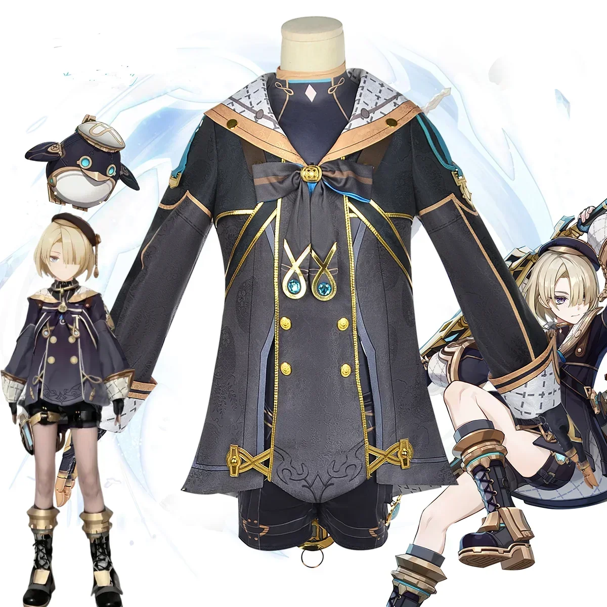 مجموعة كاملة من أزياء ألعاب الرسوم المتحركة التأثيرية من CosplayGenshin Impact Freminet، قبعة شعر مستعار، ملابس حفلات الهالوين