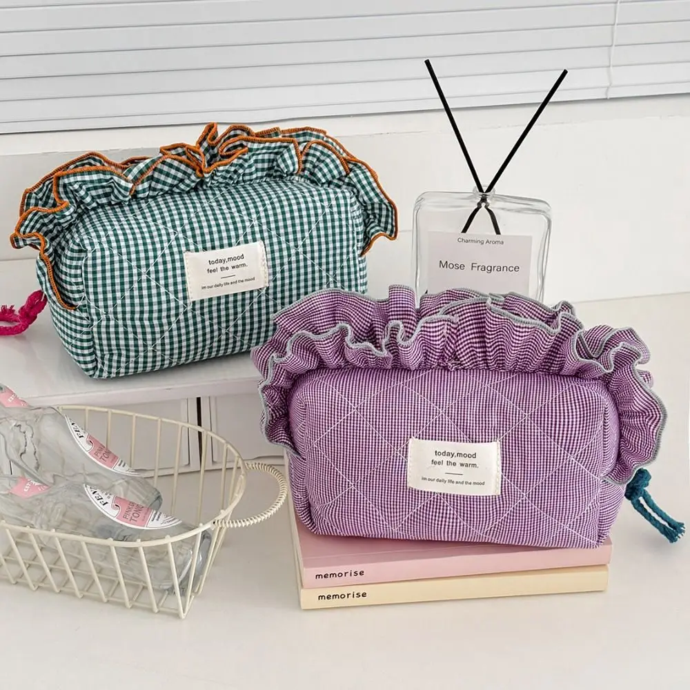 

Винтажная косметичка в клетку с рюшами, большая вместительная сумка-органайзер для косметики, милый кружевной клатч для хранения косметики