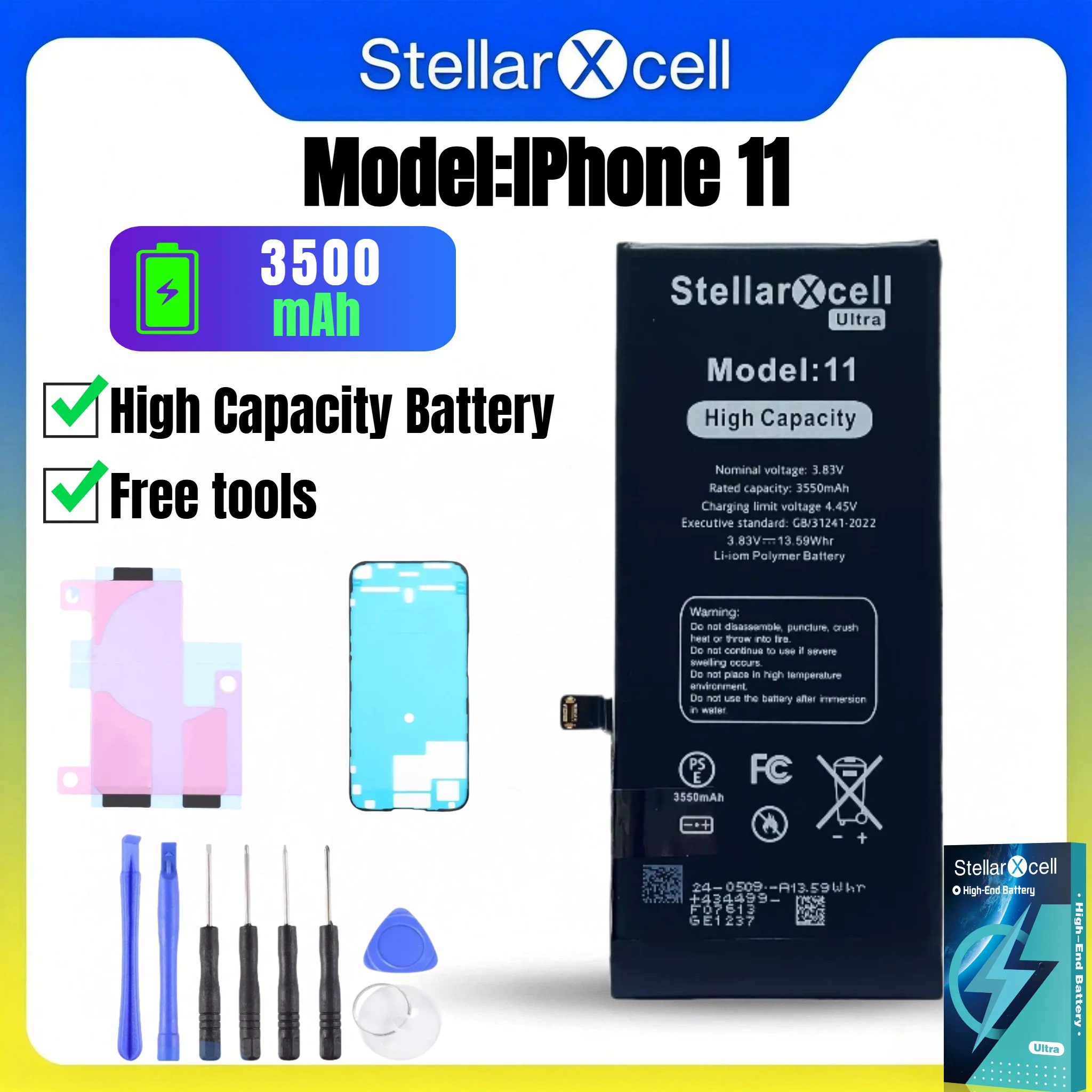 StellarXcell Ultra Akku für iPhone, Versand aus Deutschland, passend für iPhone 11, 11 Pro, 11 Pro Max, Hochkapazitätsakku hoher Qualität, Akkutausch mit kostenlosen Werkzeugen, null Ladezyklen,