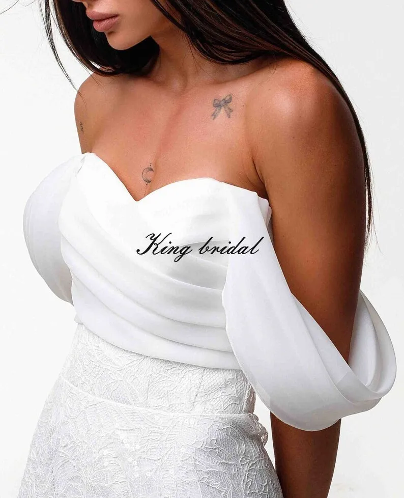 Vestido de casamento de renda feito sob medida com organza trem destacável fora do ombro renda chantilly vestido de casamento modesto