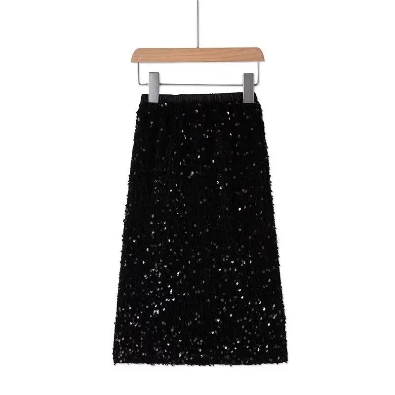 Kids Girls Velvet Fish-tail Skirts 2026 New Sequins Mermaid Skirt Teenage Dance Clothing Japanese Korean Style Mid-claf Skirts
