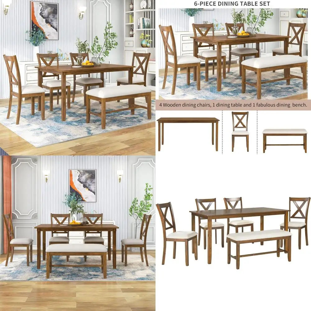 

6-Piece Dining Table Set, Wood Kitchen Table with 4 Chairs and Bench, armhouse Dining Table with Bench and Chairs Set or Kitchen