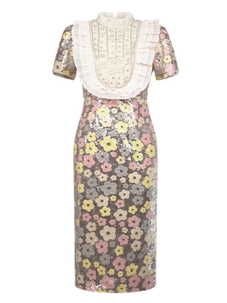 Frauen Shiny Pailletten Robe Floral Rüschen Stehen Neck Schlank Vestidos Bodycon Midi Kleid Elegante Dating Party Prom Weibliche Kleid Abend